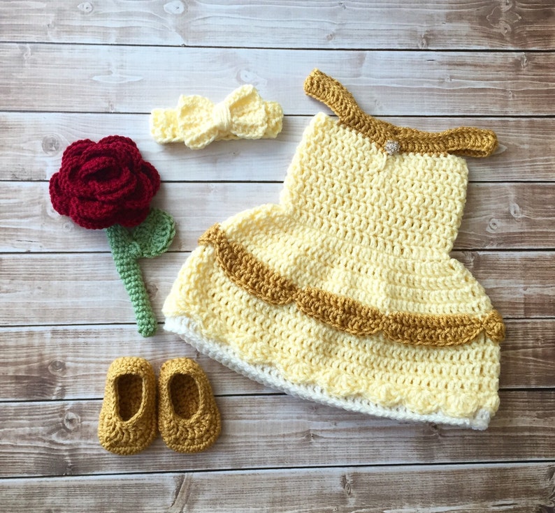 Princess Belle Beauty and the Beast Inspired Costume/Crochet Princess Belle Dress/Princess Photo Prop Newborn to 12 Months MADE TO ORDER image 1