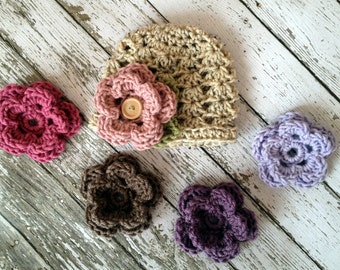 The Ashlee Beanie in Oatmeal with Five Interchangeable Flowers Available in Newborn to Tween Size- MADE TO ORDER