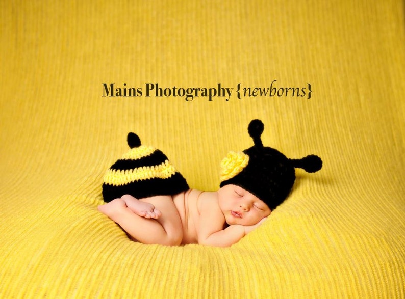 Little Miss Bumble Bee Beanie in Black and Yellow Available in Newborn to 6 Months Size MADE TO ORDER image 1