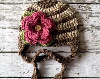 Stripe Flower Beanie in Oatmeal, Barley and Dusty Rose Available in Newborn to 5 Year Size- MADE TO ORDER