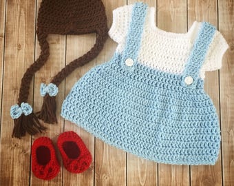 Dorothy Wizard of Oz Inspired Costume/Crochet Dorothy Dress/Wizard of Oz Costume/Wizard of Oz Photo Prop Newborn to 12 Months- MADE TO ORDER