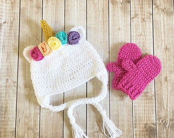 Little Miss Unicorn Beanie and Matching Mittens Available in Infant to Teen Size- MADE TO ORDER