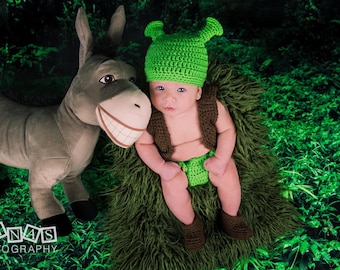 Shrek Inspired Costume/ Crochet Shrek Hat/ Shrek Inspired Costume/Photo Prop Newborn to 12 Month Size-MADE TO ORDER