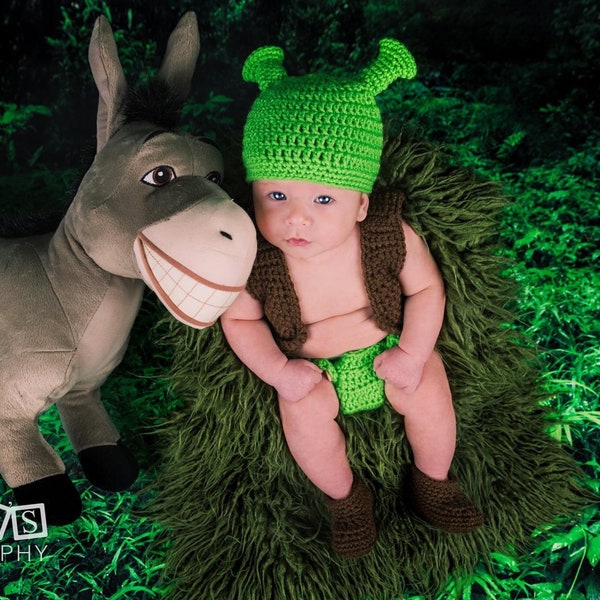 Shrek Inspired Costume/ Crochet Shrek Hat/ Shrek Inspired Costume/Photo Prop Newborn to 12 Month Size-MADE TO ORDER