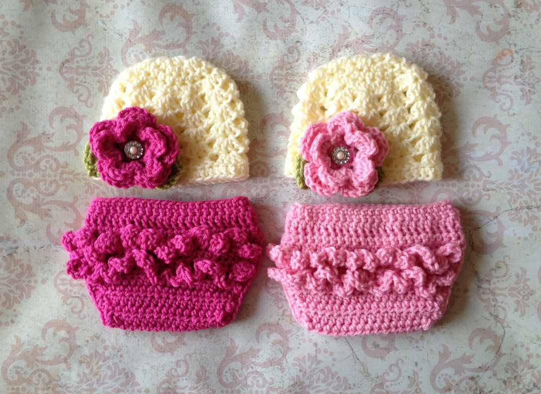 Twin Ashlee Beanies in Ecru Baby Pink Hot Pink and Green - Etsy