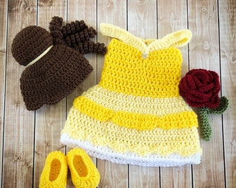 Princess Belle Beauty and the Beast Inspired Costume/Crochet Princess Belle Dress/Princess Photo Prop Newborn to 12 Months- MADE TO ORDER