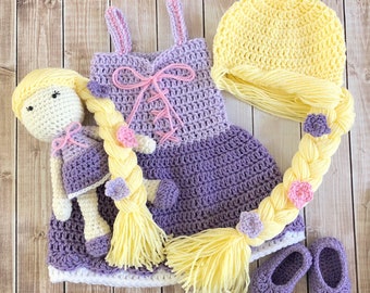Princess Rapunzel Inspired Costume and Matching Doll/Baby Shower Gift Set/Princess Photo Prop Newborn to 12 Month Size-MADE TO ORDER