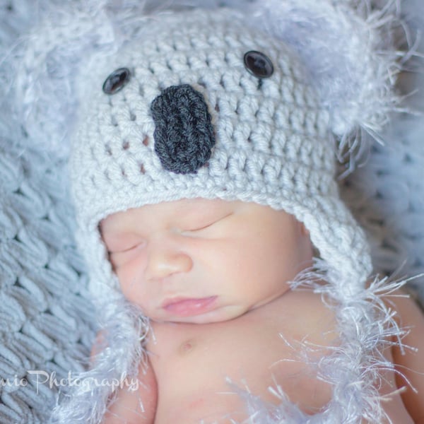 Little Mr. Koala Bear Hat in Gray and Black Available in Newborn to Toddler Sizes- MADE TO ORDER