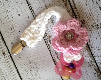 Bling Flower Pacifier Clip in Baby Pink and White Free Shipping in U.S.- MADE TO ORDER