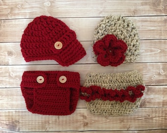 Twins Photography Prop Set in Cranberry and Oatmeal Available in Newborn to 12 Months-MADE TO ORDER