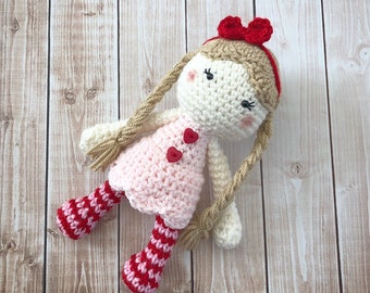 Little Miss Valentine's Day Doll/Girl Plush Doll/Ragdoll/Valentine's Doll/Stuffed Toy Doll/ Soft Toy Doll/ Amigurumi Doll/- MADE TO ORDER