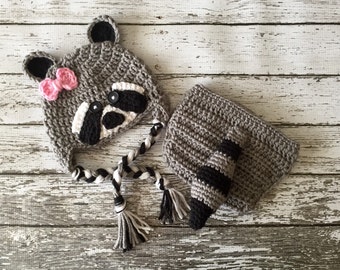 Little Miss Raccoon Hat and Diaper Cover/ Raccoon Costume in Gray, Black and White Available in Newborn to 24 Month Size- MADE TO ORDER