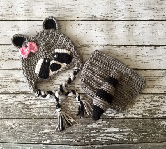 Little Miss Raccoon Hat and Diaper Cover/ Raccoon Costume in Gray, Black and White Available in Newborn to 24 Month Size- MADE TO ORDER