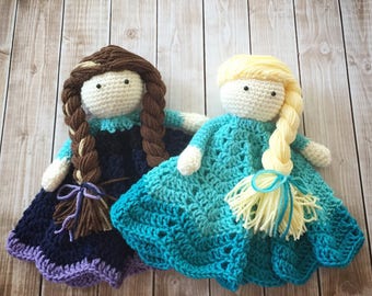 Anna and Elsa inspired Lovey/ Security Blanket/ Plush Doll/ Stuffed Toy/ Soft Toy Doll/ Amigurumi Doll/ Frozen Dolls- MADE TO ORDER