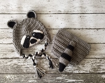 Little Mr. Raccoon Beanie and Diaper Cover/ Raccoon Costume in Gray, Black and White Available in Newborn to 24 Month Size- MADE TO ORDER