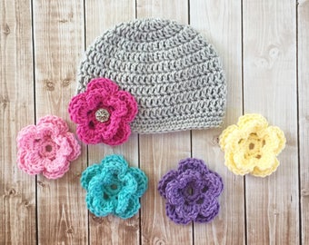 Beanie with Five Interchangeable Flowers Available in Newborn to Adult Size- MADE TO ORDER