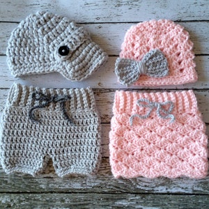 Twin Photography Prop Set in Pale Pink and Gray Crochet Baby Pants/Skirt in 2 sizes MADE TO ORDER image 1