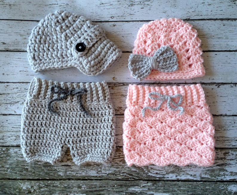 Twin Photography Prop Set in Pale Pink and Gray Crochet Baby Pants/Skirt in 2 sizes MADE TO ORDER image 1