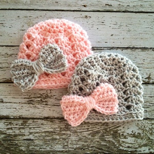 Twin Ashlee Beanies in Pale Pink and Gray With Matching - Etsy