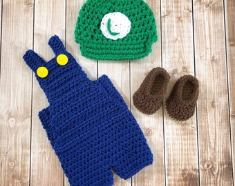 Super Mario Luigi Inspired Costume/Crochet Mario Bros. Costume/ Luigi Inspired Photo Prop Newborn to 12 Months- MADE TO ORDER