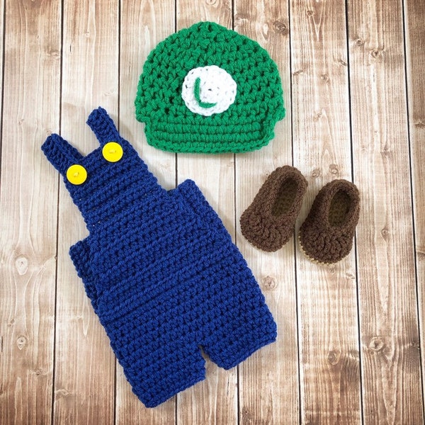 Super Mario Luigi Inspired Costume/Crochet Mario Bros. Costume/ Luigi Inspired Photo Prop Newborn to 12 Months- MADE TO ORDER