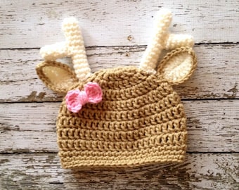 Little Miss Deer Beanie in Light Taupe, Ecru and Baby Pink Available in 5 Sizes- MADE TO ORDER