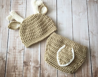 Little Mr. Deer Beanie and Matching Diaper Cover in Light Taupe and Ecru Available in Newborn to 24 Months Size- MADE TO ORDER