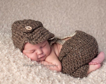 Oliver Newsboy Cap with Crochet Baby Shorts/Pants with Suspenders in Barley and Oatmeal Available in Newborn to 6 Month Size- MADE TO ORDER