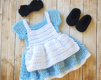 Alice in Wonderland Inspired Costume/Crochet Alice in Wonderland Dress/Alice in Wonderland Photo Prop Newborn to 12 Months- MADE TO ORDER