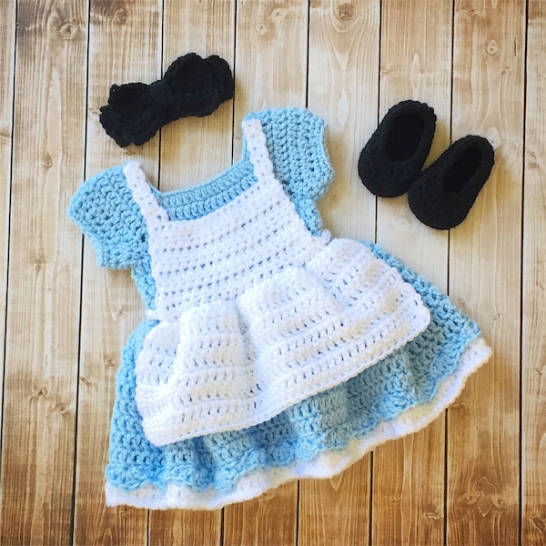 Alice in Wonderland Inspired Costume/Crochet Alice in Wonderland Dress/Alice in Wonderland Photo Prop Newborn to 12 Months- MADE TO ORDER