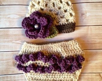 The Sofia Flower Beanie in Wheat, Dusty Purple and Taupe with Matching Diaper Cover Available in Newborn to 24 Months Size- MADE TO ORDER