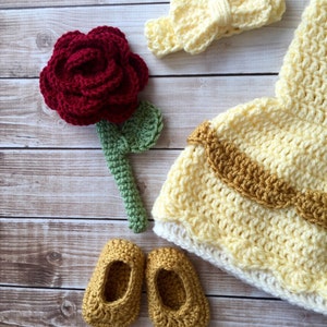 Princess Belle Beauty and the Beast Inspired Costume/Crochet Princess Belle Dress/Princess Photo Prop Newborn to 12 Months MADE TO ORDER image 6