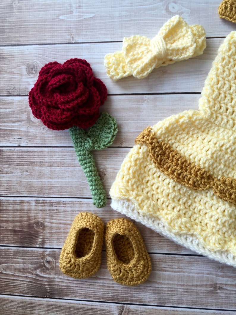 Princess Belle Beauty and the Beast Inspired Costume/Crochet Princess Belle Dress/Princess Photo Prop Newborn to 12 Months MADE TO ORDER image 6