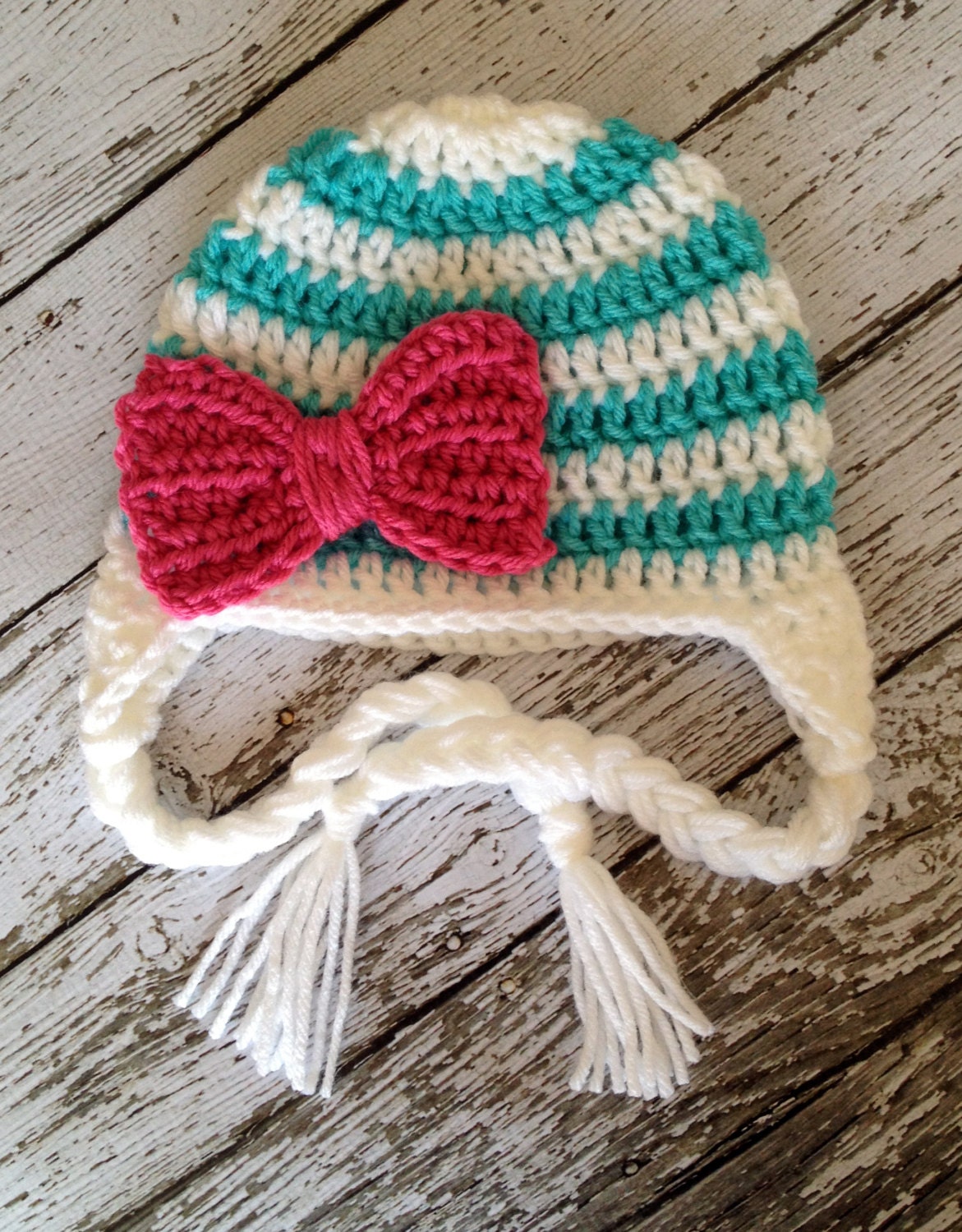 Stripe Big Bow Beanie in Teal White and Hot Pink Available in | Etsy