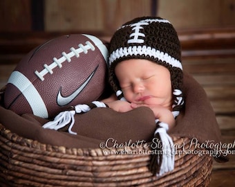 Little Mr. Football Beanie in Brown and White Available in Newborn to 5 Years Size- MADE TO ORDER