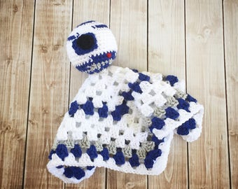 R2D2 Star Wars Inspired Lovey/ R2D2 Security Blanket/ Soft Toy/ Plush Doll/ Stuffed Toy/ Amigurumi Doll- MADE TO ORDER