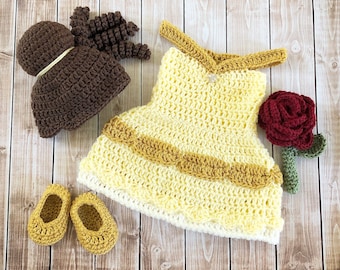 Princess Belle Beauty and the Beast Inspired Costume/Crochet Princess Belle Dress/Princess Photo Prop Newborn to 12 Months- MADE TO ORDER