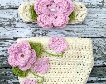 The Ava Flower Headband in Baby Pink , Ecru and Celery Green  with Matching Diaper Cover Available in Newborn to 24 Months Size