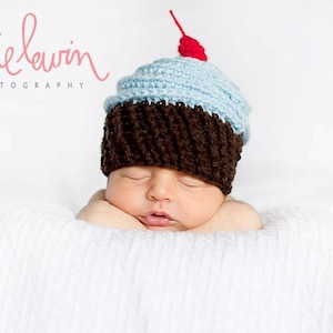 Cupcake Beanie/First Birthday Hat/ Cupcake Hat in Baby Blue, Chocolate Brown and Red 6-12 Month Size- READY TO SHIP
