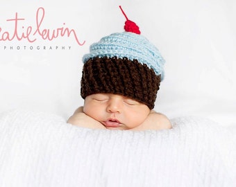 Cupcake Beanie in Baby Blue, Chocolate Brown and Red Available in Newborn to 18 Months- MADE TO ORDER