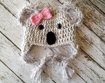 Little Miss Koala Bear Hat in Gray, Pink and Black Available in Newborn to Child Sizes- MADE TO ORDER