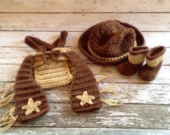 Little Mr Cowboy Hat, Chaps, Boots and Diaper Cover Available in Newborn to 6 Month Size- MADE TO ORDER