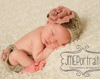 The Sofia Flower Beanie in Oatmeal, Pink and Taupe with Matching Diaper Cover Available in Newborn to 24 Months Size- MADE TO ORDER