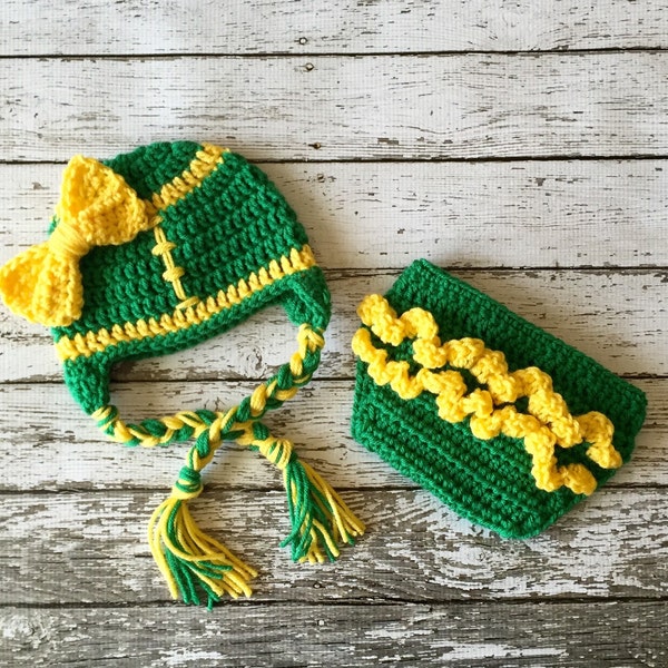 Oregon Ducks/Green Bay Parkers Inspired Little Miss Football Beanie and Diaper Cover in Green and Yellow Available in 5 Sizes- MADE TO ORDER