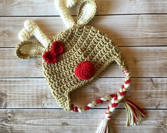 Little Miss Reindeer Beanie in Taupe, Ecru and Red Available in Newborn to Adult Size- MADE TO ORDER