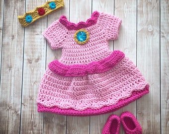 Princess Peach Inspired Costume/Crochet Princess Peach Dress/Mario Bros Inspired Princess Peach Dress- Newborn to 12 Months- MADE TO ORDER