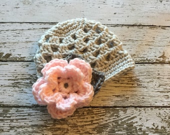 The Sofia Flower Beanie in Gray and Pale Pink Available in Newborn to Tween Size- MADE TO ORDER