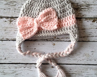 Big Bow Beanie in Gray and Pale Pink Available in Newborn to Child Size- MADE TO ORDER
