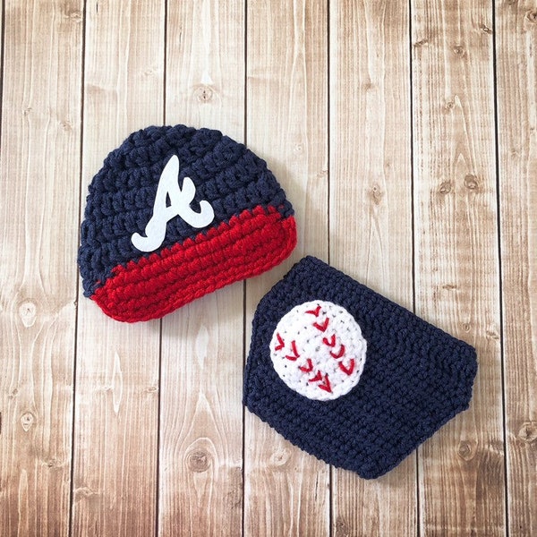 Atlanta Braves Inspired Baseball Newsboy Cap and Diaper Cover in Navy, Red and White Available in Newborn to 24 Month Size- MADE TO ORDER