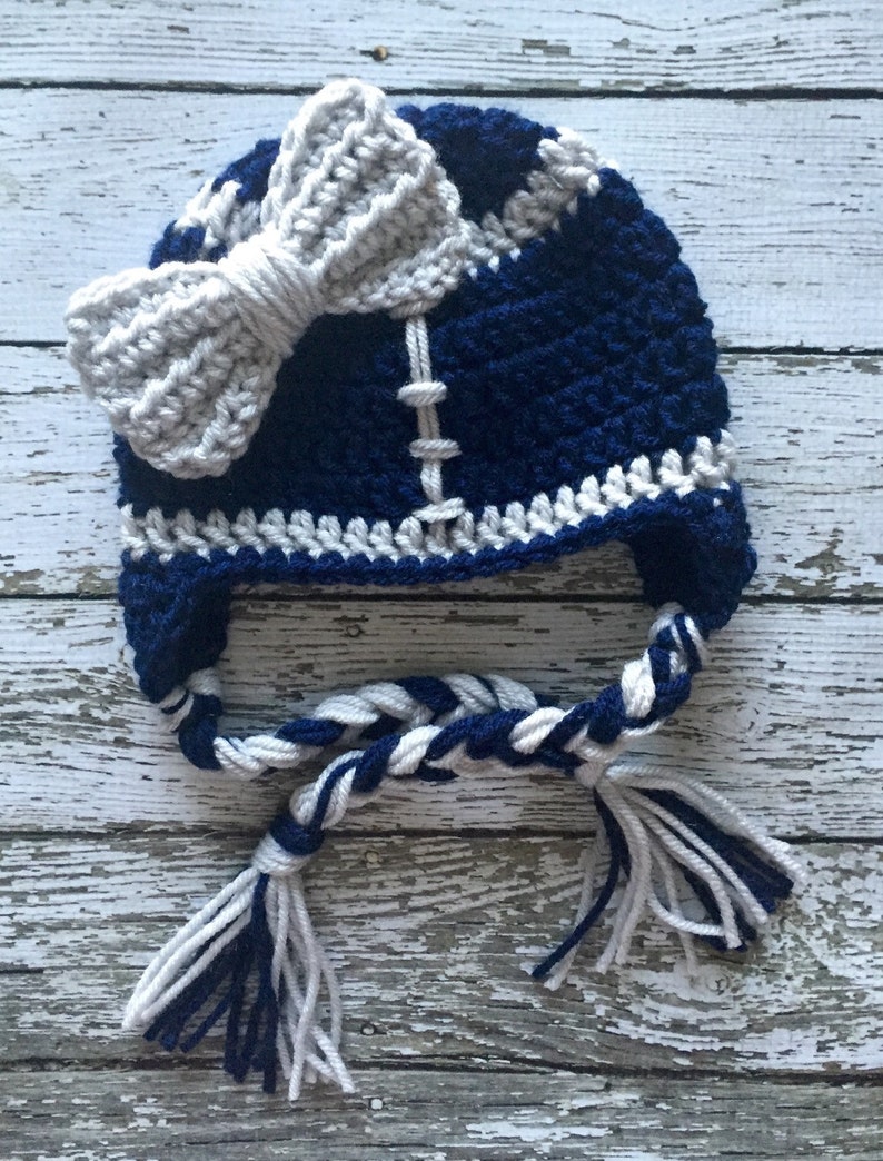 Dallas Cowboys Inspired Little Miss Football Beanie in Navy and Silver Available in Newborn to Child Size MADE TO ORDER image 3